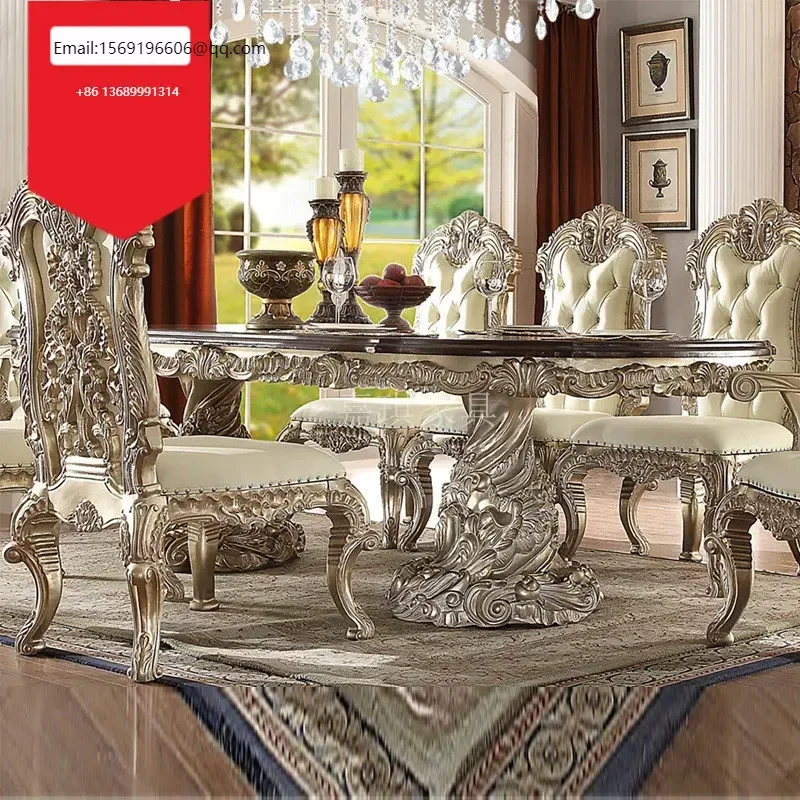 

Custom European full luxury solid wood dining table and chair combination French court carved side cabinet wine