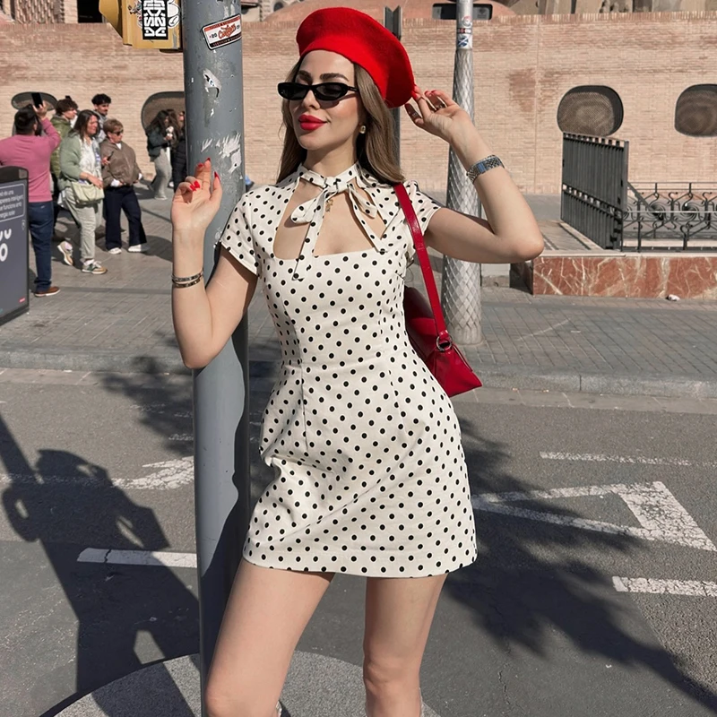 

Typhaland Sexy Hollow Polka Dot Dress Women's Bows Lace Up Fashion Mini Dress Slim High Waist Elegant Commute Lady Summer Dress