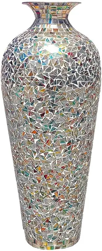 20 Inch Mosaic Floor Vase – Tall Handmade Iron Boho Vase with Rainbow Multicolor Glass Tile | Decorative Centerpiece for Living
