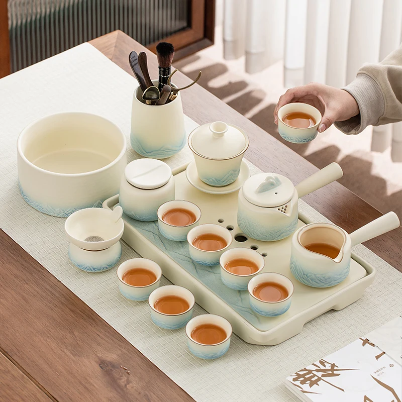 Beige ceramic Kung Fu tea set, household new dry brewing set, ceramic tea tray, light luxury brewing teapot