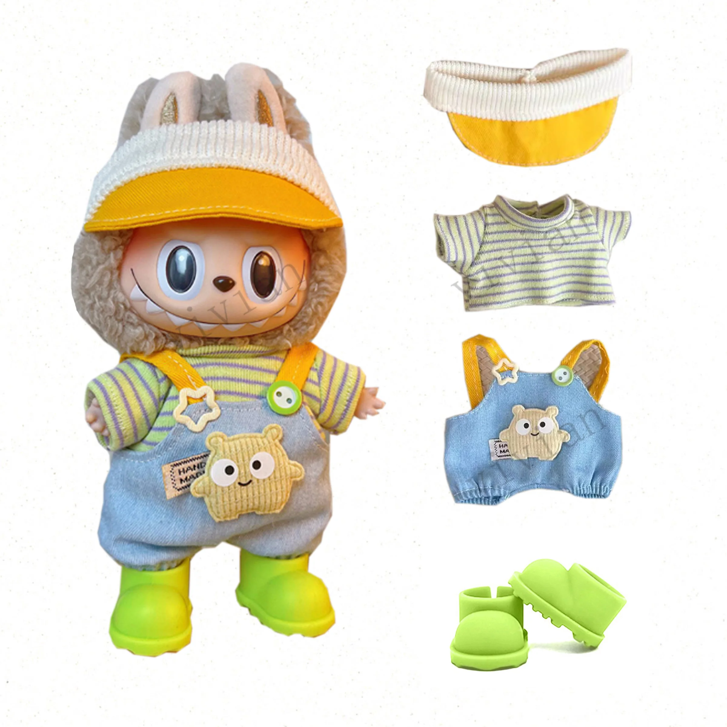 Mini Doll'S Clothes Outfit Accessories For Korea Kpop Exo 15-17cm Labubu Idol V1 V2 Striped overalls hat set shoes Clothing Gift