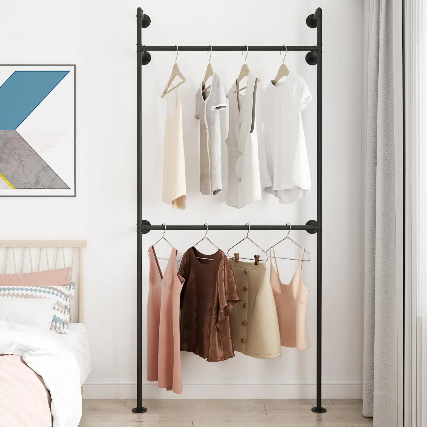 

Industrial Pipe Clothing Rack, Heavy Duty Metal Clothes Rack with Double Rods for Hanging Clothes, Wall Mount Space-Savi