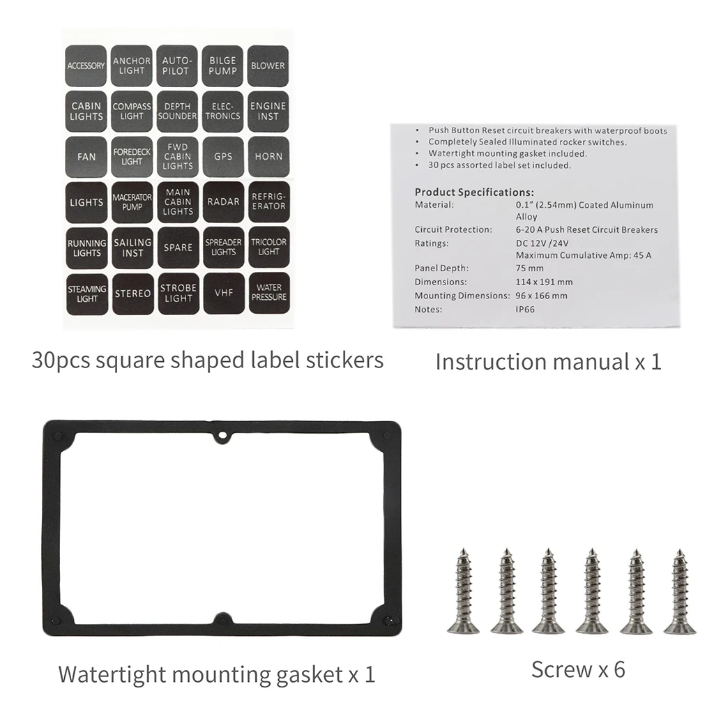 6 Gang Rocker Switch Panel with Label Sticker Backlight Waterproof Toggle for Car Marine Truck SUV