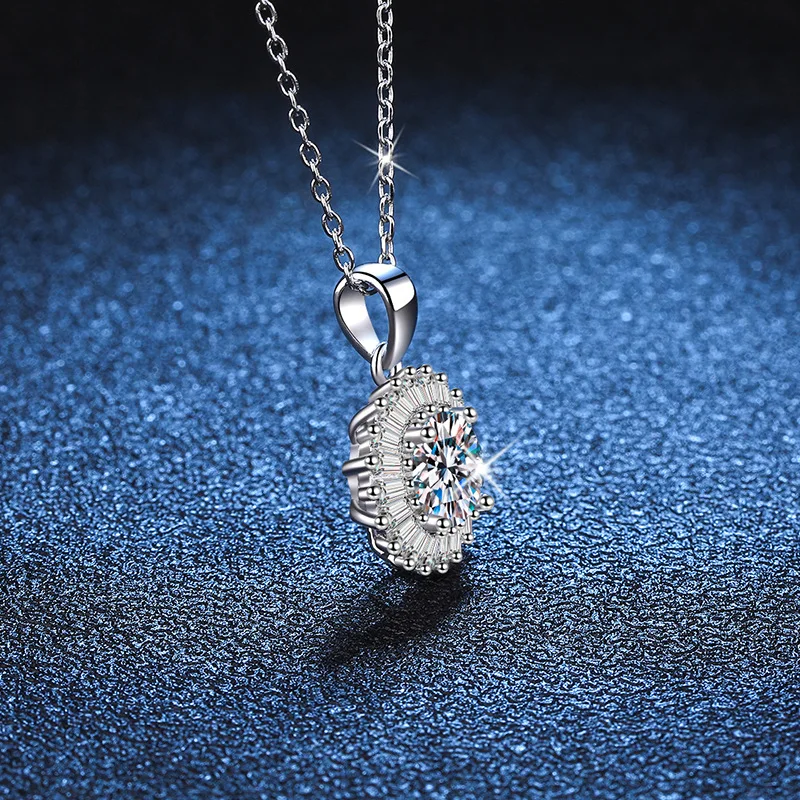 LioraGem Full Diamond Luxury Round Pendant, 1-carat Moissanite Sunflower Necklace Platinum PT950 Stamp