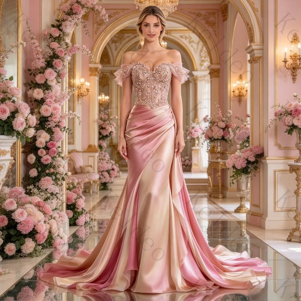Customized Blush Pink Gradient Off Shoulder Mermaid Evening Dress Beaded Sheer Bodice Ruched Satin Skirt Sweep Pageant Prom Gown
