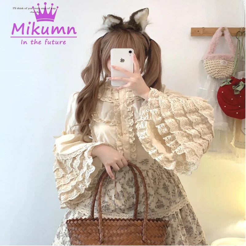 Mikautumn-Blusas femininas estilo Lolita gótica, vintage vitoriano, babados de renda elegantes, tops de manga flare, camisas japonesas kawaii para meninas