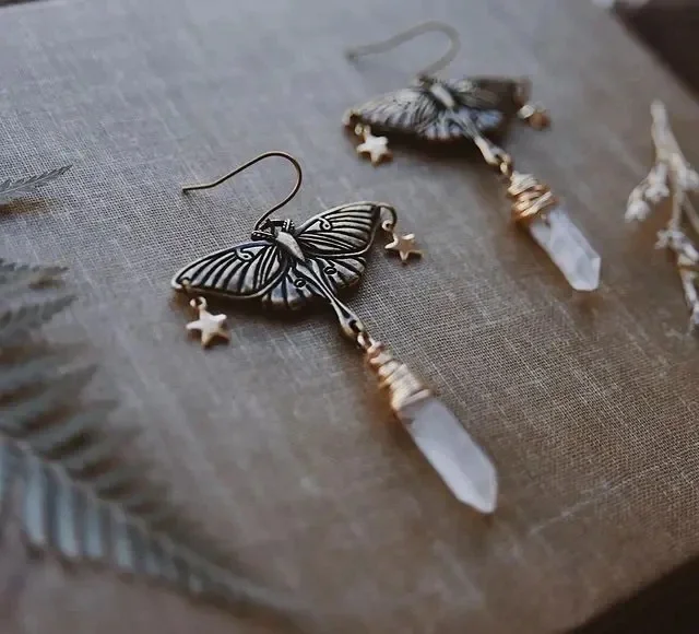 Luna Moth quartz earrings in Bohemian style, crystal stone earrings