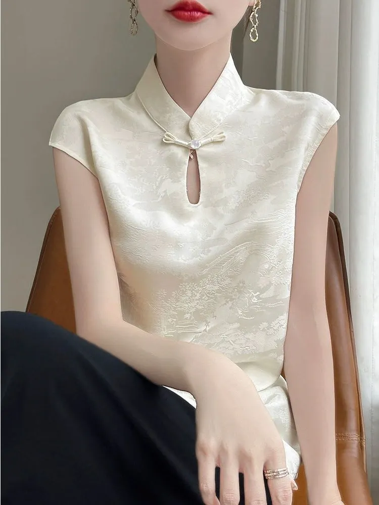 

New Chinese Sle Stand Collar Buttonl Svel irt Vest Women Summer New Satin Surface Embroidery Inner Wear Base T-S...