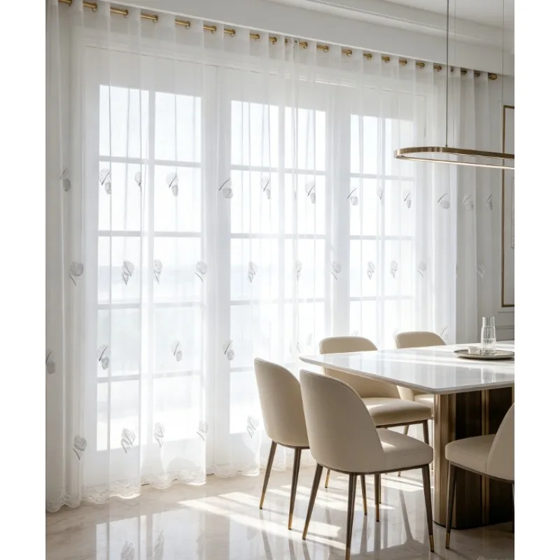 New White Gauze Modern Minimalist Embroidered Leaf Embroidered Gauze Curtain, Living Room Bedroom Balcony Curtain