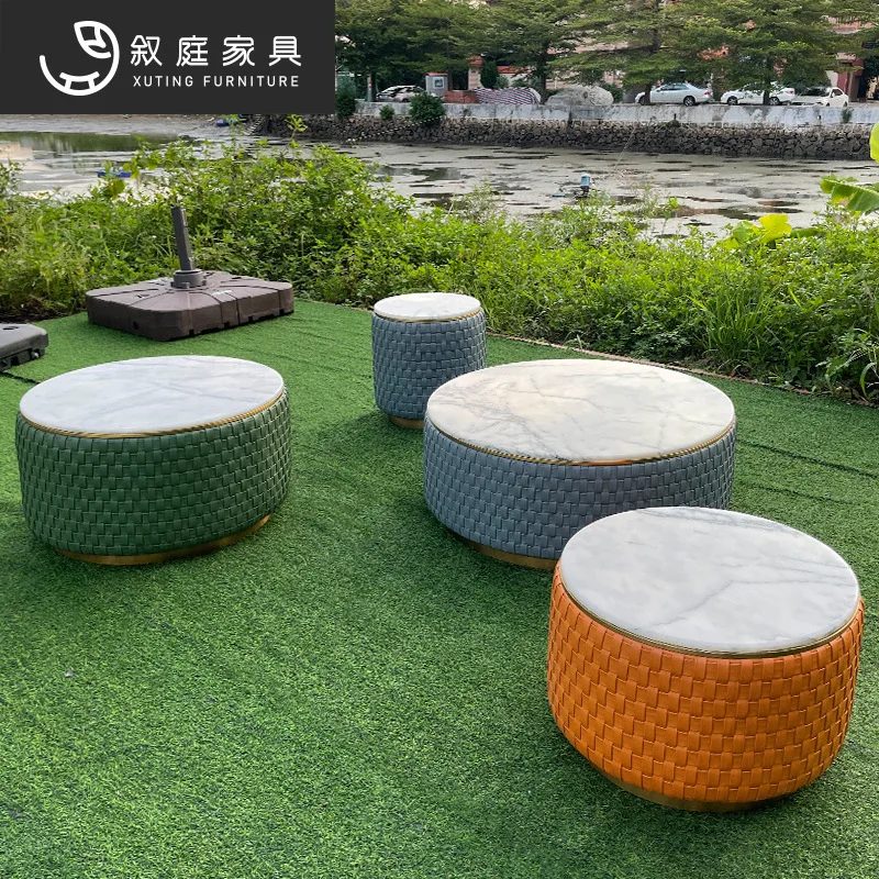 

Indoor living room light luxury round size coffee table outdoor garden courtyard outside marble woven tea table combination