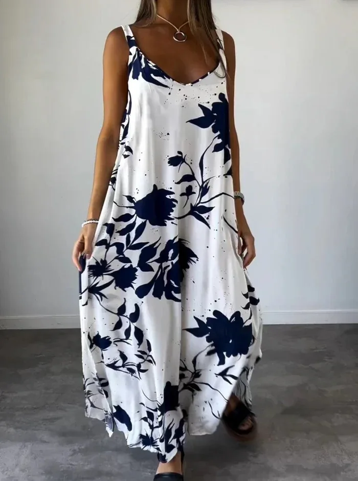 

Women Floral Print V Neck Maxi Dress Loose Summer Beach Vacation Oversized Spaghetti Long Dresses Backless Sleeveless Vestidos