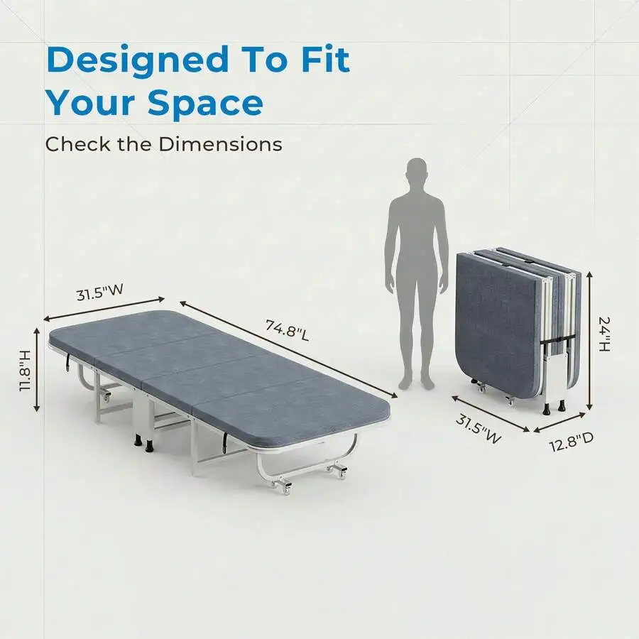 74.8' Folding Guest Bed With Memory Foam Mattress, Portable Rolling Fold‑Up Bed With Lockable 360° Casters, 350 LBS Capacity For