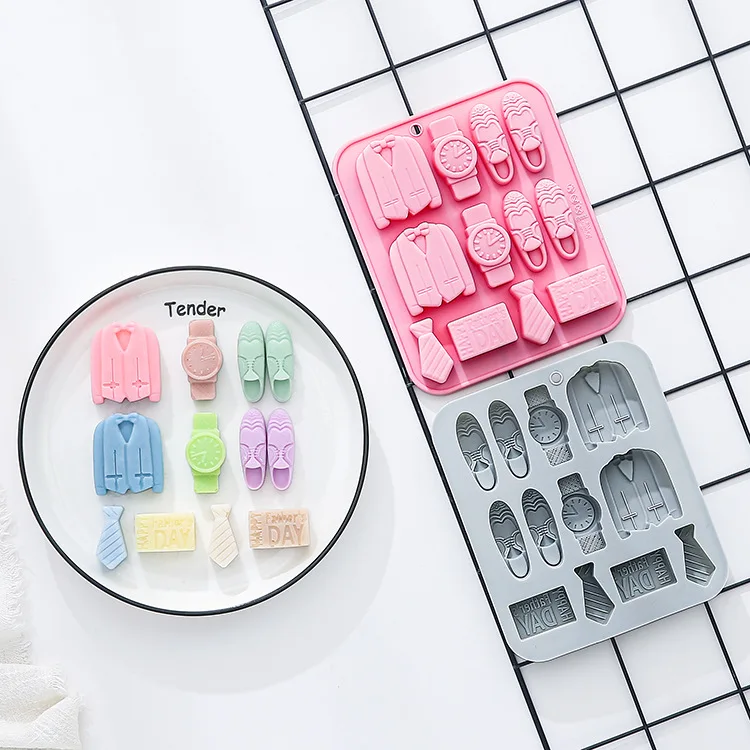 12-hole Father's Day Theme Silicone Mold Gentleman Suit Leather Shoes Watch Tie Candy Chocolate Mould Cake Decor Resin Mold