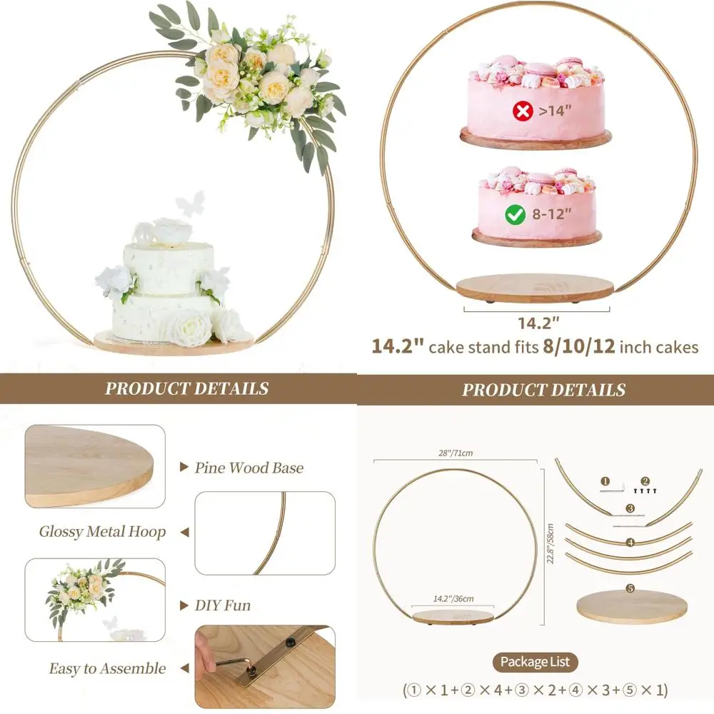 

Gold 14 Inch Round Arch Cupcake Stand with Wooden Base for Party Decorative Metal Centerpiece