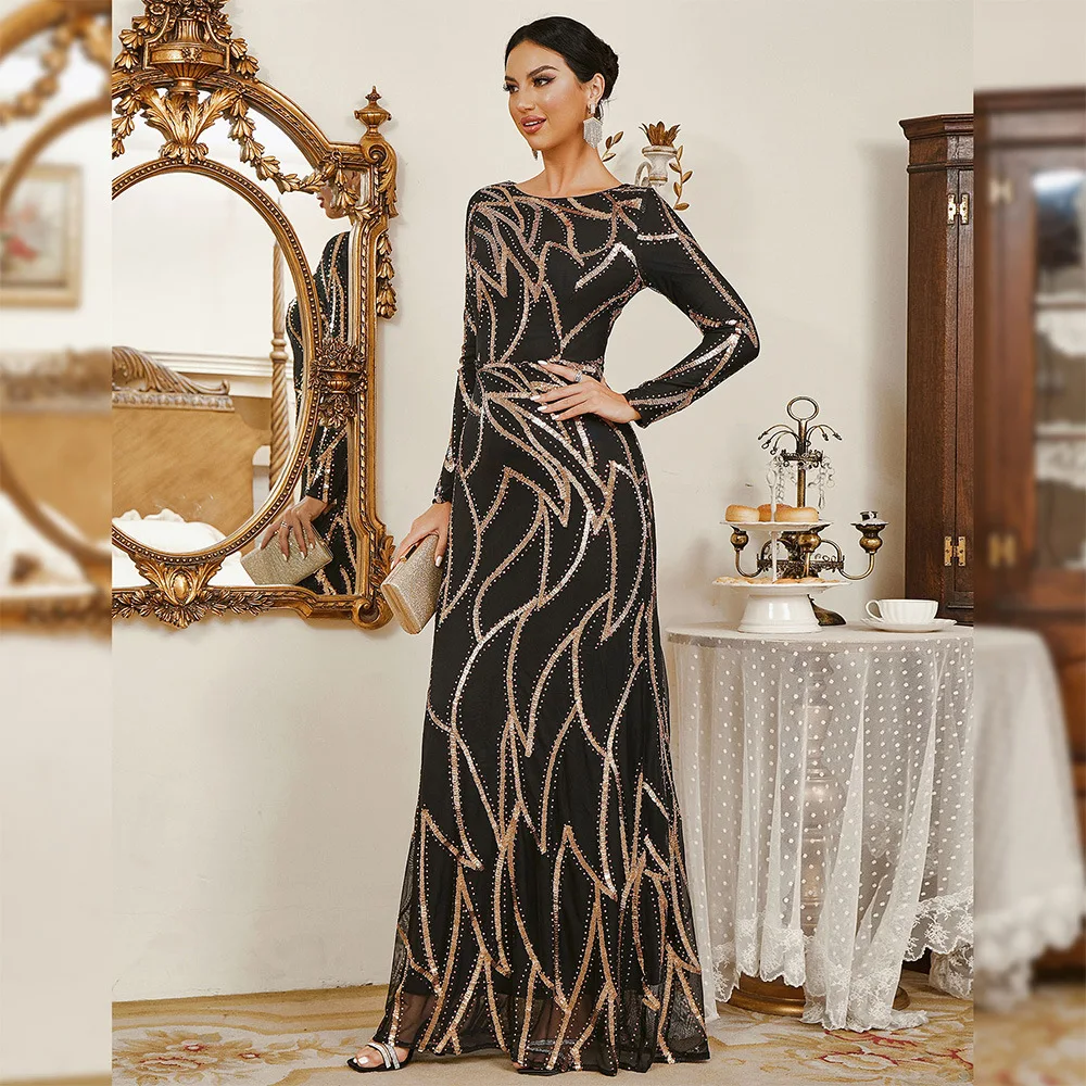 

Длинное вечернее платье с пайетками, облегающее, для свадьбы, дня рождения, из полиэстера, с круглым вырезом...