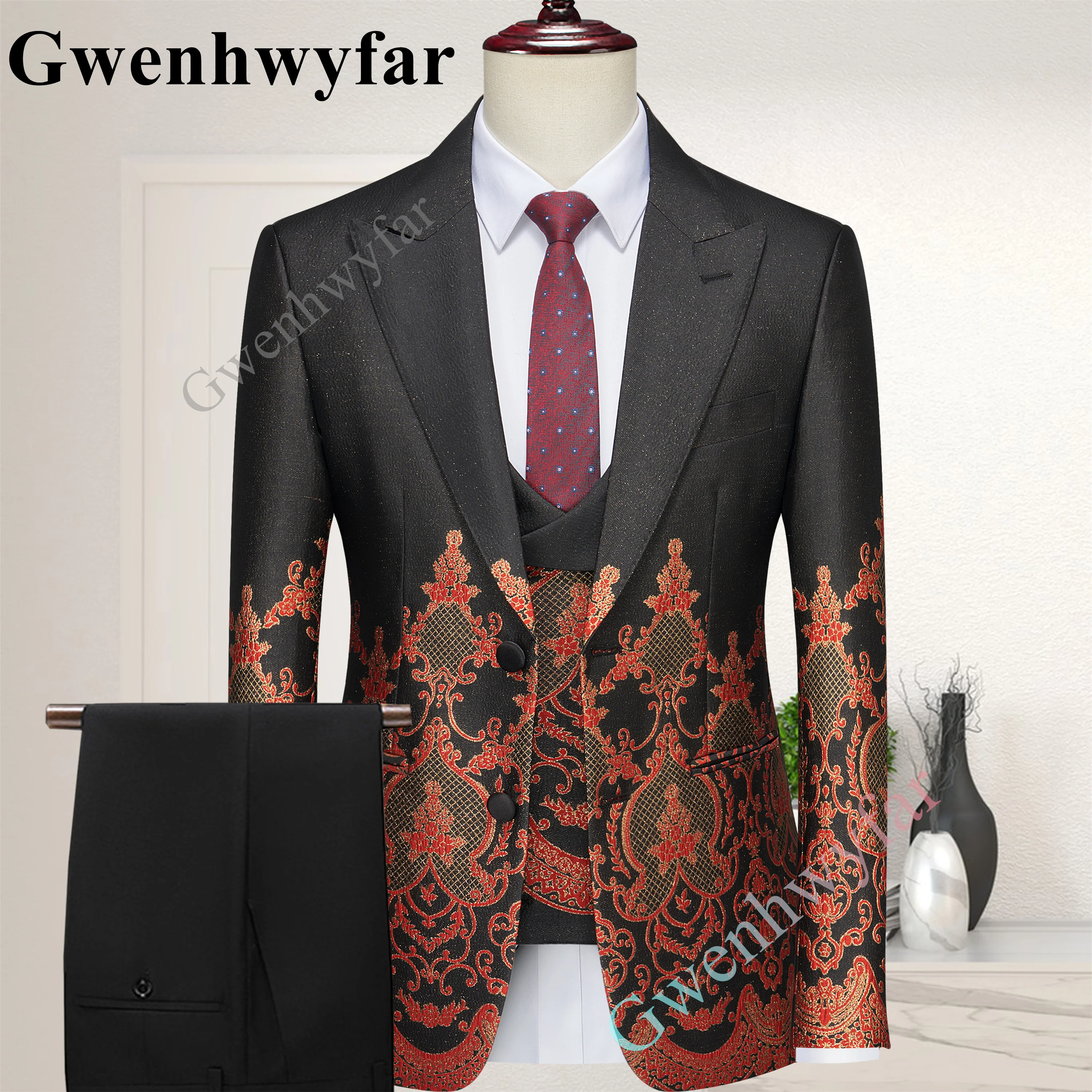 

Gwenhwyfar New Men's 3 Pieces Suit Formal Business Peaked Lapel Orange-Red Pattern slim Fit Tuxedo Best Man Blazer For Wedding