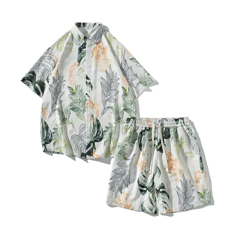 Summer Men's Print Sets Fashion Turn Down Collar Short Shirts Shorts Hawaiian Beach Set Men Loose Casual Streetwear 2-Piece Suit