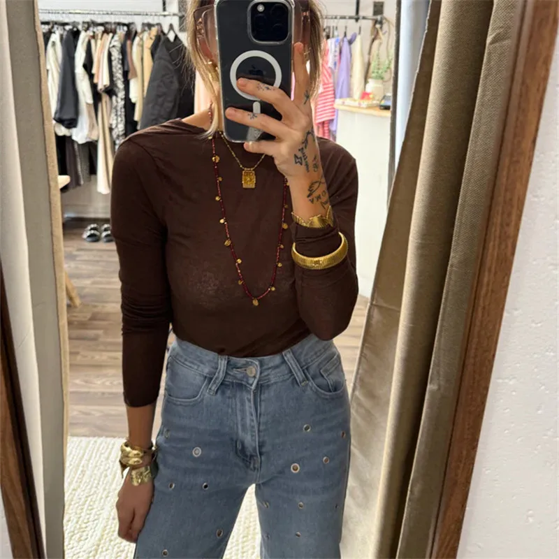 قميص نسائي أنيق مفتوح الظهر بأكمام طويلة بدون ظهر ورقبة قارب بلوزة للخروج ملابس Y2k بلوزة جمالية منخفضة الظهر