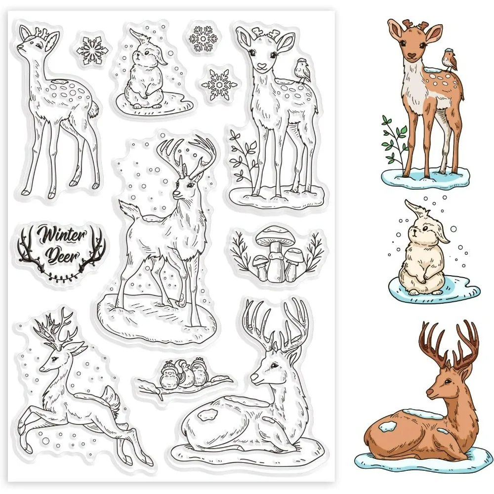 Christmas Winter Deer Rabbit Transparent Clear Stamps Snowflake Animal Embossing Stamp Sheets Silicone Clear Stamps Seal for