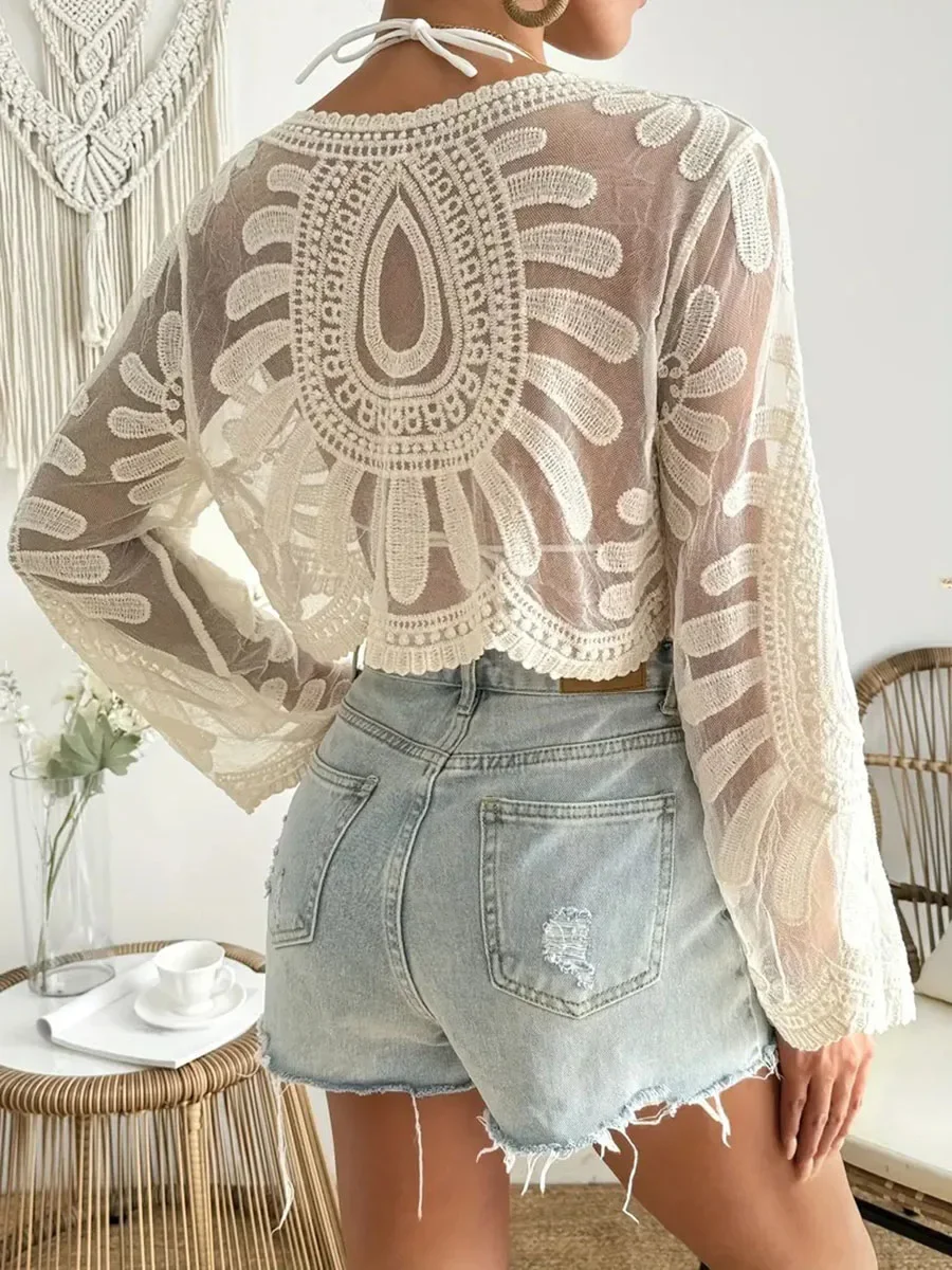Casual Breathable Shirt Loose Fit Shirt Sun-protective Clothing Apricot Crochet Smock Shirt Breathable Lace Fabric
