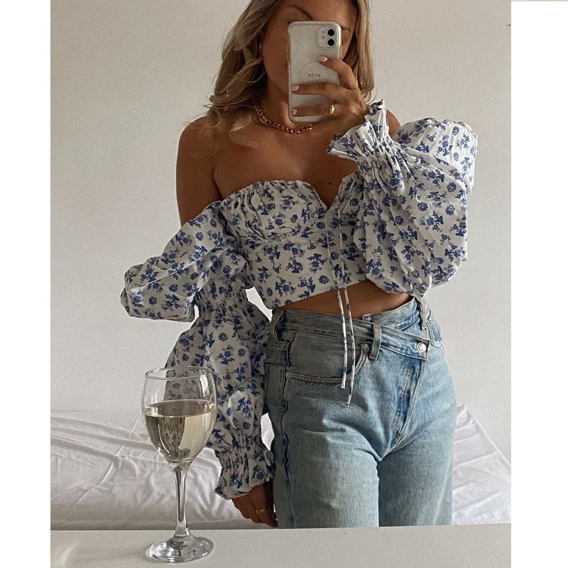 Summer New Women\'s Clothes Sexy Fashion Floral Bell Sleeves Lace-up Pleated Navel Cropped Tops Women\'s Club Clothing Vestidos