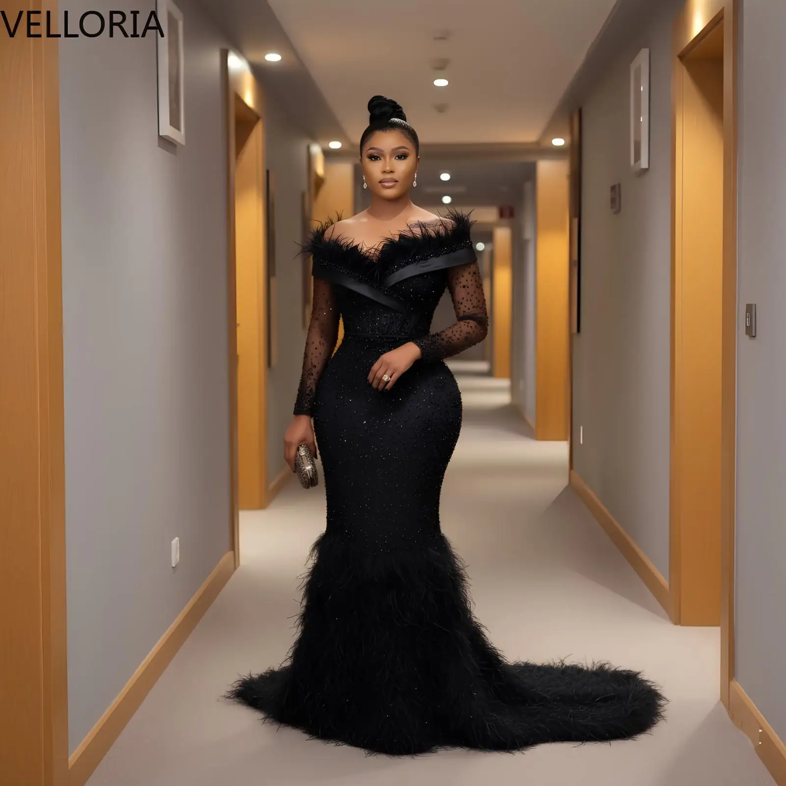 

Черное вечернее платье русалки из бисера, сексуальное платье для выпускного вечера с открытыми плечами и перьями, с длинными рукавами, вечернее платье длиной до пола, по индивидуальному заказу