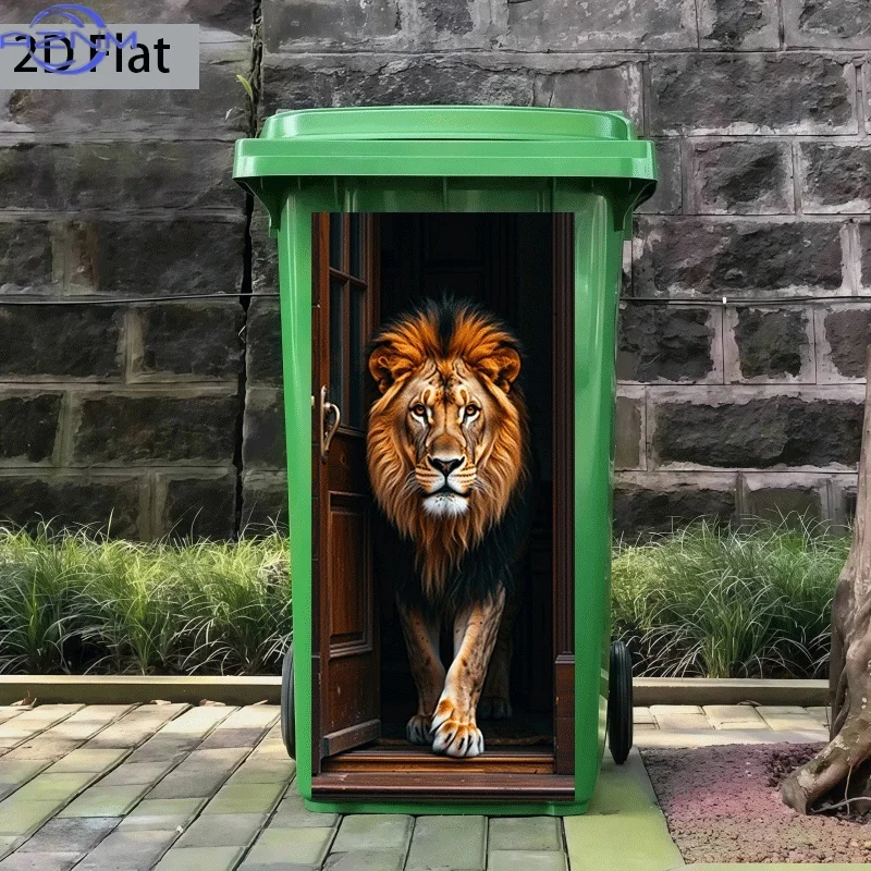 [2D Flat Printing] 1pc Trash Can Sticker 37×82 Cm Lion Enters Through The Door Theme Design Wall Sticker Decoration Wallpaper