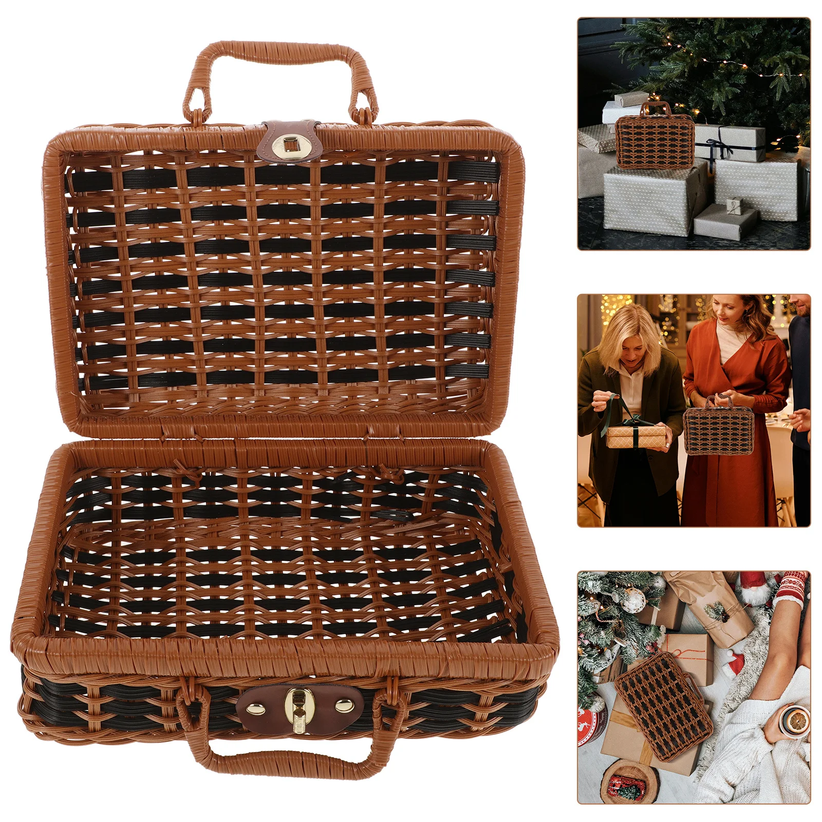 

Retro Handwoven Suitcase Imitated Rattan Vintage Woven Storage Box Large Picnic Storage Basket Organizer Woven Suitcase