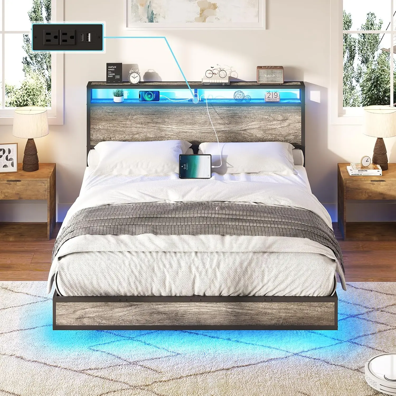 Full Floating Bed Frame with Storage Headboard & LED Light | Metal Bed Construction, USB Charging Station,, Customized