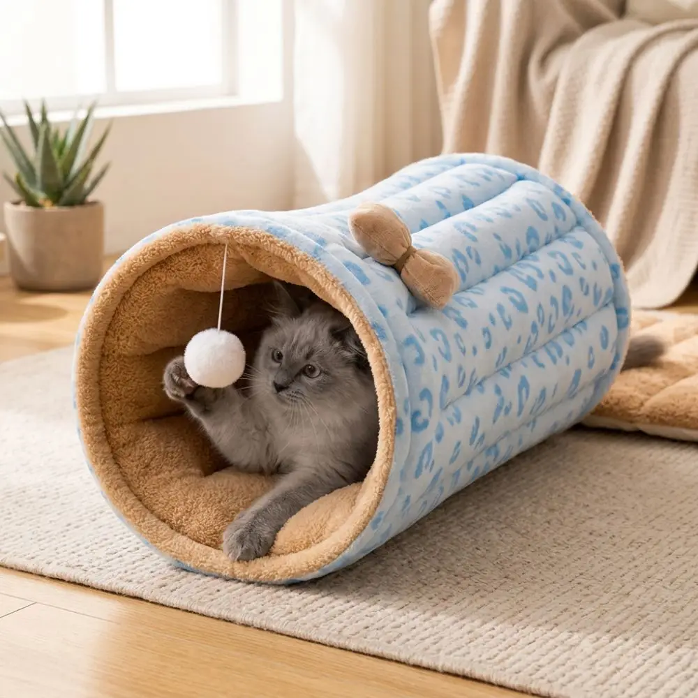 Folding 2 in 1 Cat Tunnel Bed Plush Warm Large Space Play Rest Cat Mat Thickened with Plush Ball Winter Warm Cat Bed Bedroom Use