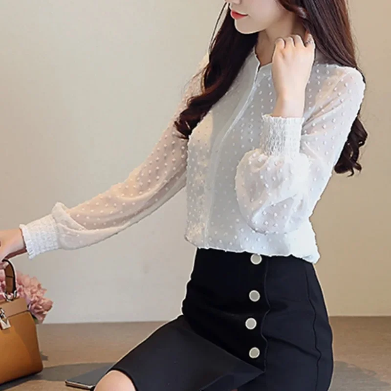 2024 Fashion Sweet  Wave Point Long Sleeve Women Shirt Autumn Casual White Blouses Office Lady Elegant Tops