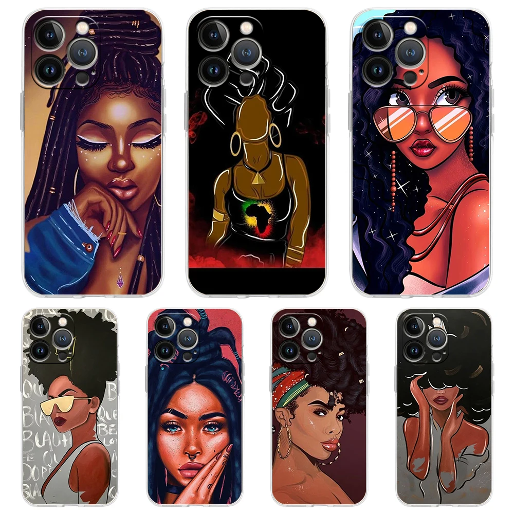 

Fashion Black Girl Case for iPhone 16 15 14 13 12 Pro Max Cover Transparent Soft for iPhone 11 Pro Max 7 8 Plus XS XR Bag Capas