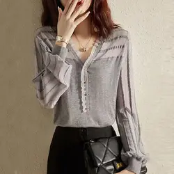 Elegant V-Neck Knitted Spliced Ruffles Gauze Blouses Women's Clothing 2024 Autumn New Loose Chic Tops Office Lady Shirts