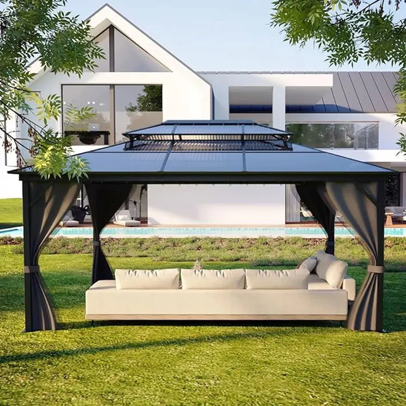 Cheap Solar Luxury Metal Roof Sunshade Aluminum Frame Powder Coated Garden Gazebo Classic Modern Style Waterproof Windproof