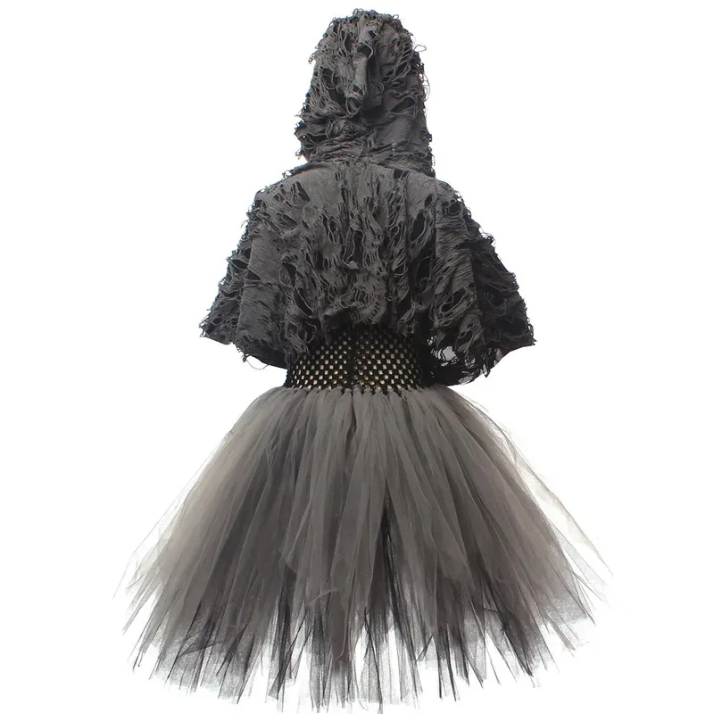 Anime Kids Girl Grim Reaper Cosplay Halloween Black Dress Hoodie Cape Skull Printed Children Costume