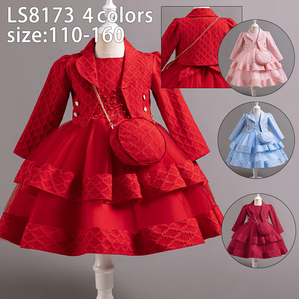 ELBCOS-terno vestido de três peças para meninas, gola redonda, mangas compridas, grade de cores, lapela, flor Beading, botão, trajes de saia, 4-14Y