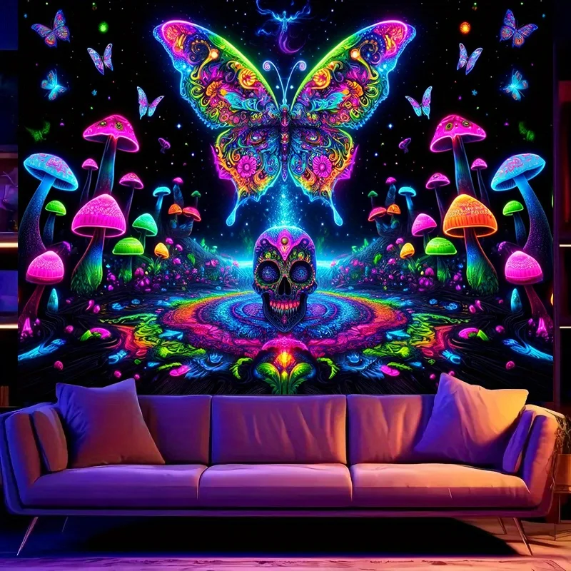 VIKAMA Halloween Psychedelischer Wandteppich Schmetterling Totenkopf Neon Pilz Wald Esports Zimmer Musik Festival Dekor