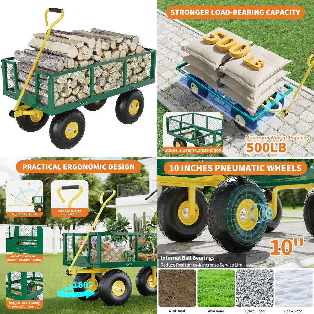 Heavy-Duty 500 Lbs Capacity Garden Cart with 10 Inch Tires, Removable Mesh Sides, 180° Rotation for All-Terrain Use