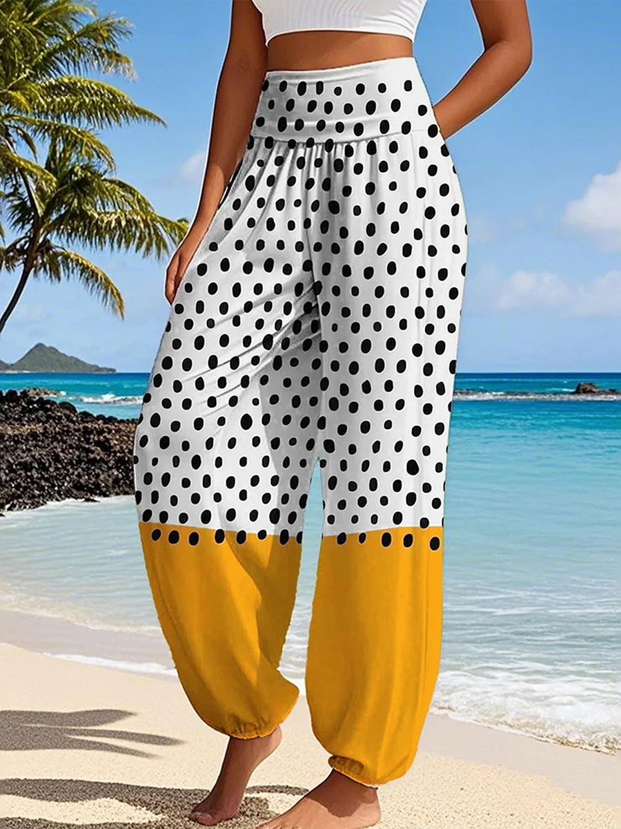 Autumn Women Polka Dot Color Block High Waist Loose Harem Pants Casual Elastic Waist Boho Long Trousers Female Baggy Pants 2026