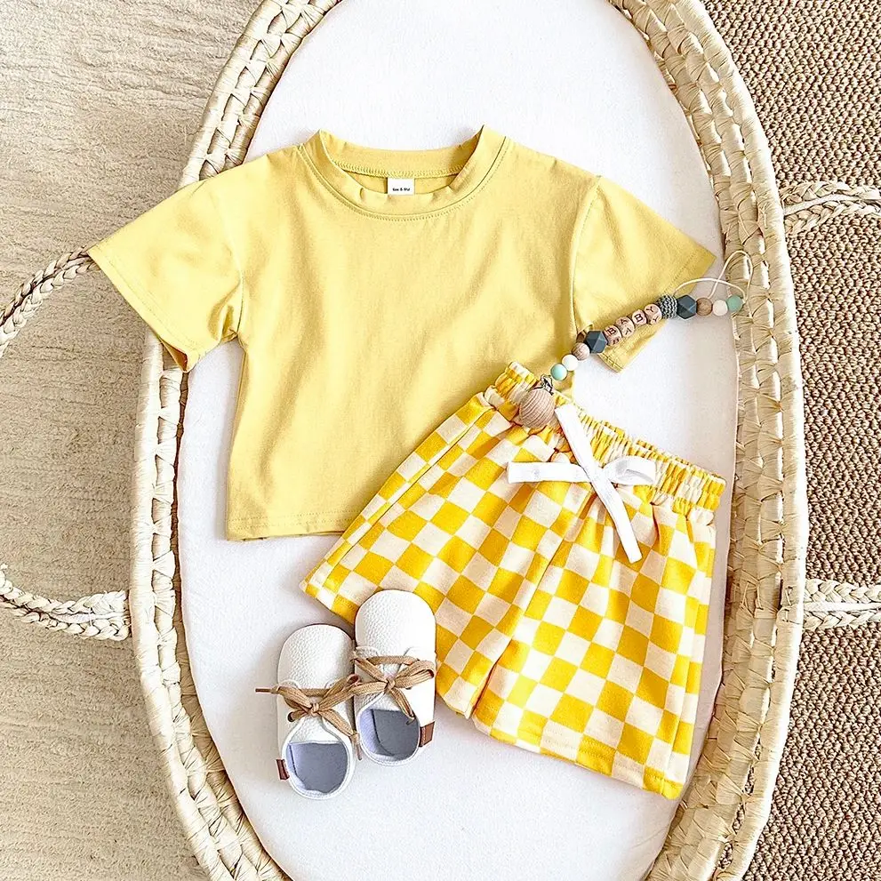 2PCS Summer Newborn Boys Girls Clothing Baby Set Solid Short Sleeved T-shirt+Checkerboard Shorts Cotton Casual 0-3Y