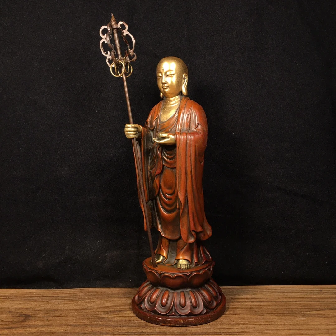 

10"Tibetan Temple Collection Old Bronze Gilded True Gold Silver Ksitigarbha Double Lotus Platform Standing Buddha Worship Hall