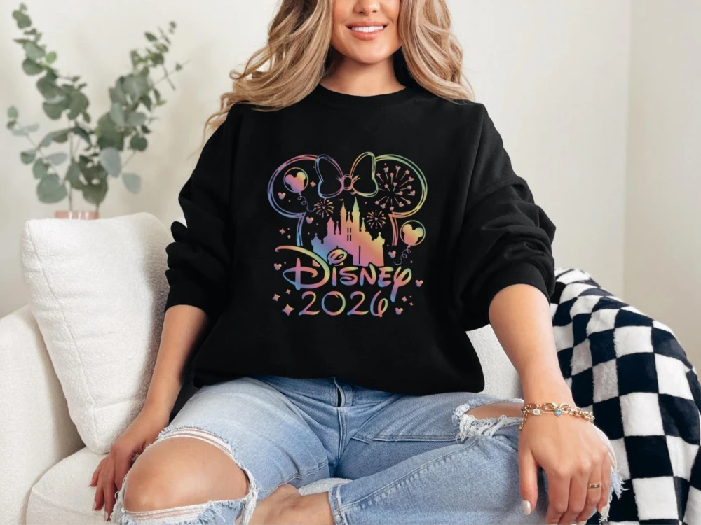 

Свитшот Disney 2026 с бантом Минни, свитер с замком Диснея, комплект с худи Disney, повседневный свитшот с круглым вырезом для пар
