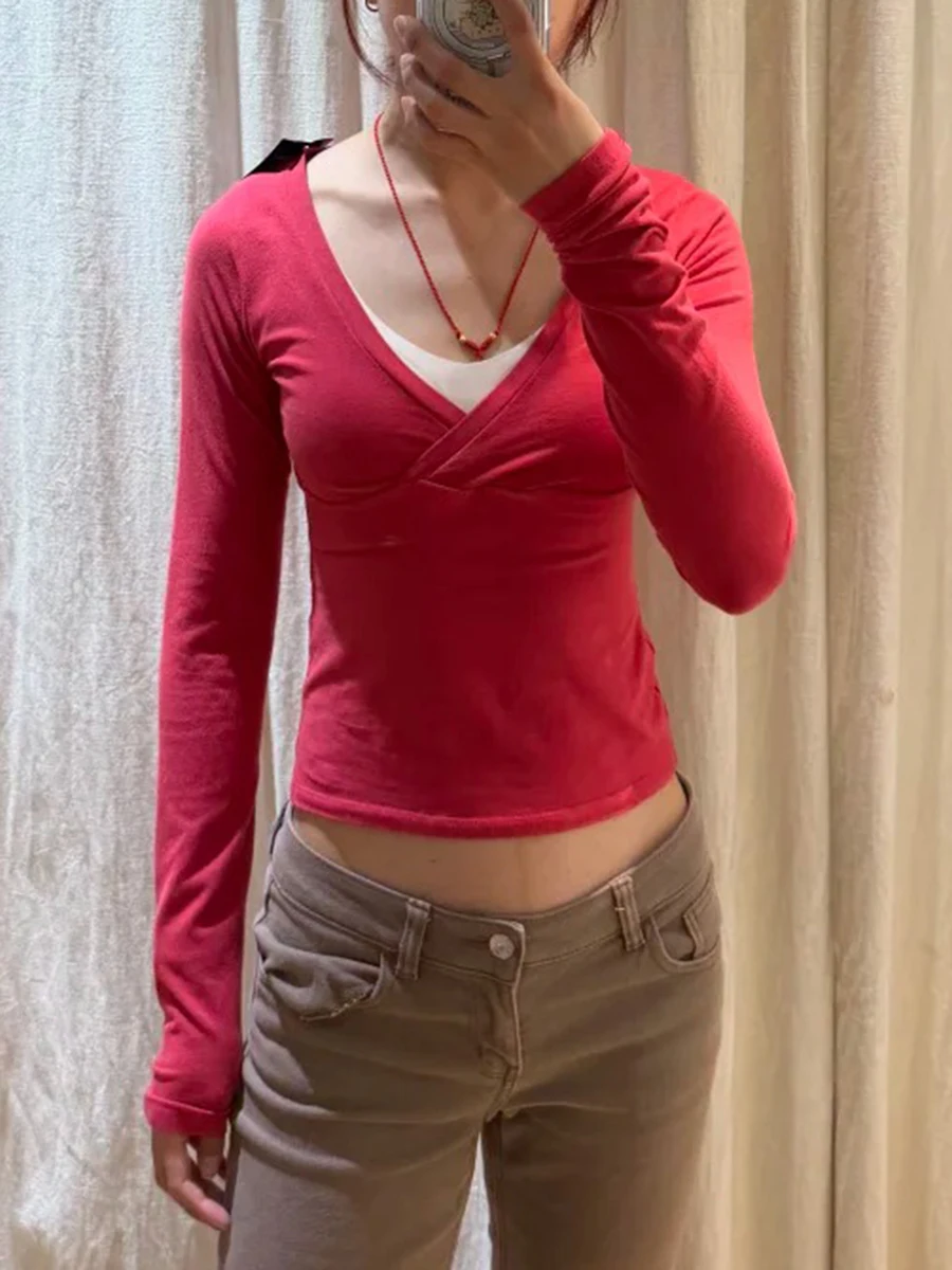 New Red V-neck T-shirts Women Streetwear Casual Cotton Slim Long Sleeve Tees Fashion Vintage Simple All-match T Shirt Y2K Tops