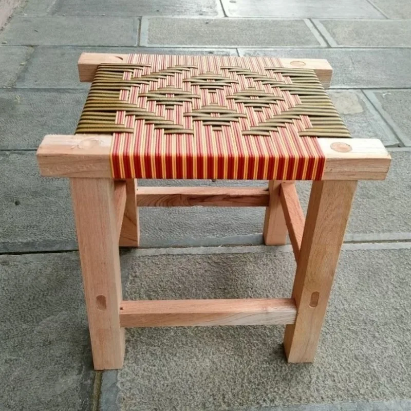 Solid Wood Creative Square Stools Fashional Rattan Weave Diamond Pattern Handmade Stool Countryside Modern Simple Home Furniture