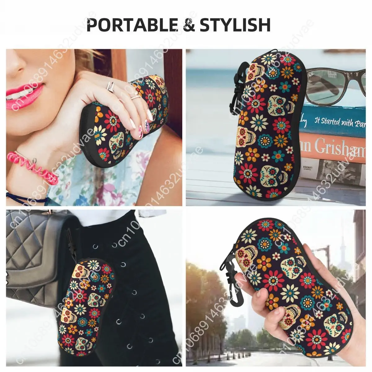 Custom Day Of The Dead Pattern Shell Glasses Case Travel Sugar Skull Santa Muerte Eyeglasses Case Sunglasses Protector Box