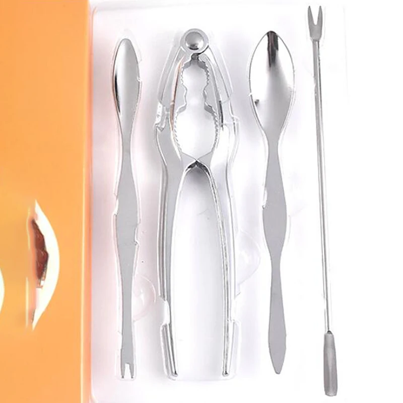 Seafood Tool Set Crab Shrimp Fruit Pliers Fork Spoon Set Nut Walnut Lobster Crab Cracker Tools Kitchen Accessories 4Pcs