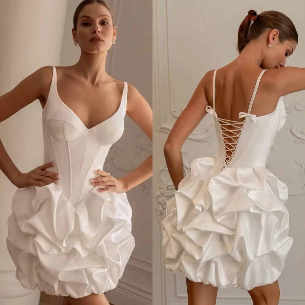 

Customized Elegant Classic Charmeuse Ruched Bow A-line Spaghetti strap Knee Length Dresses Evening Dresses Sizes Available Sexy