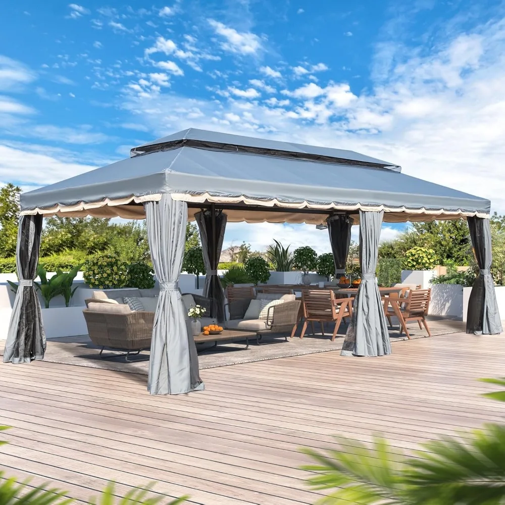 

10x20 Outdoor Canopy Gazebo, Double Roof Patio Pergolas Steel Frame with Netting and Shade Curtains for Garden,Patio,Party Cano