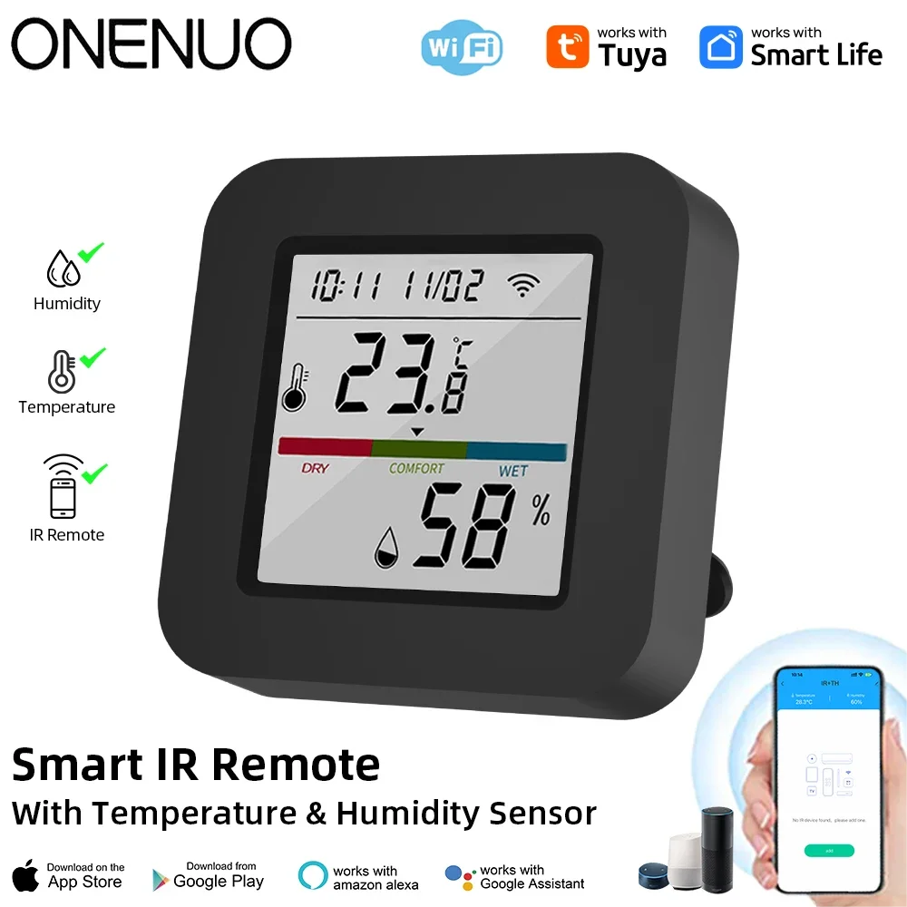 ONENUO Tuya Smart Universial IR Remote Control with Temperature Humidity Sensor for TV/Air Conditioner work with Alexa Google