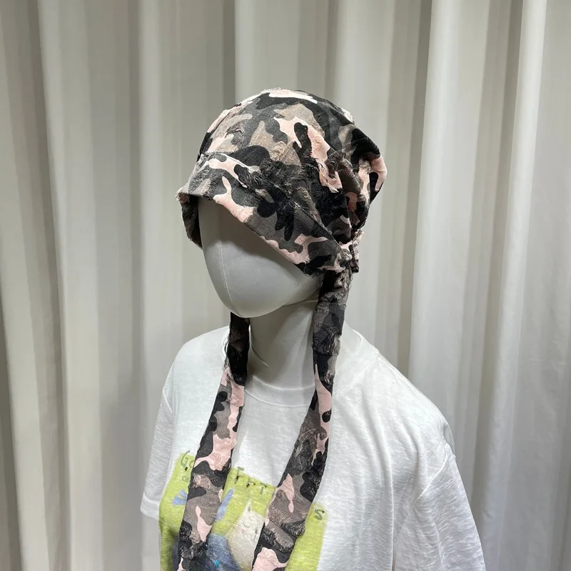 Y2K Camouflage Distressed Bandana Hat Cyberpunk Wasteland Style Bonnet Luxury Grunge Ripped Beanie Women Streetwear Tie-back Cap